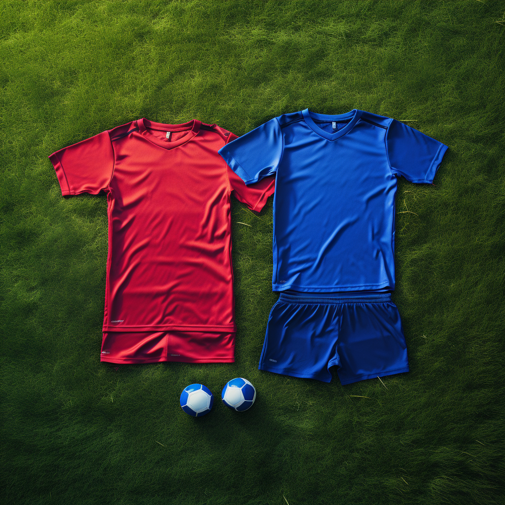 Red and blue soccer uniforms laid out on the grass