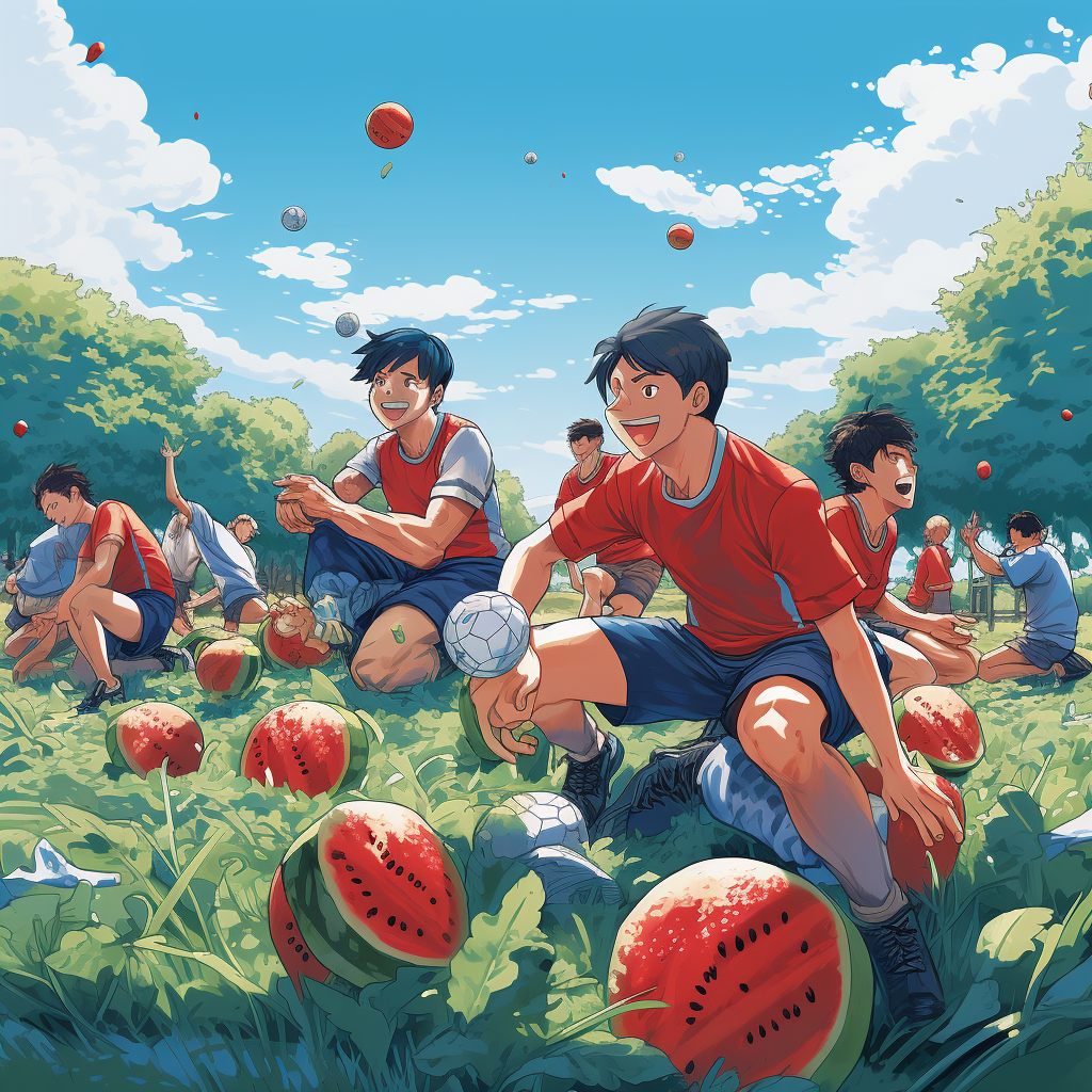 Friends sharing watermelon after a soccer game